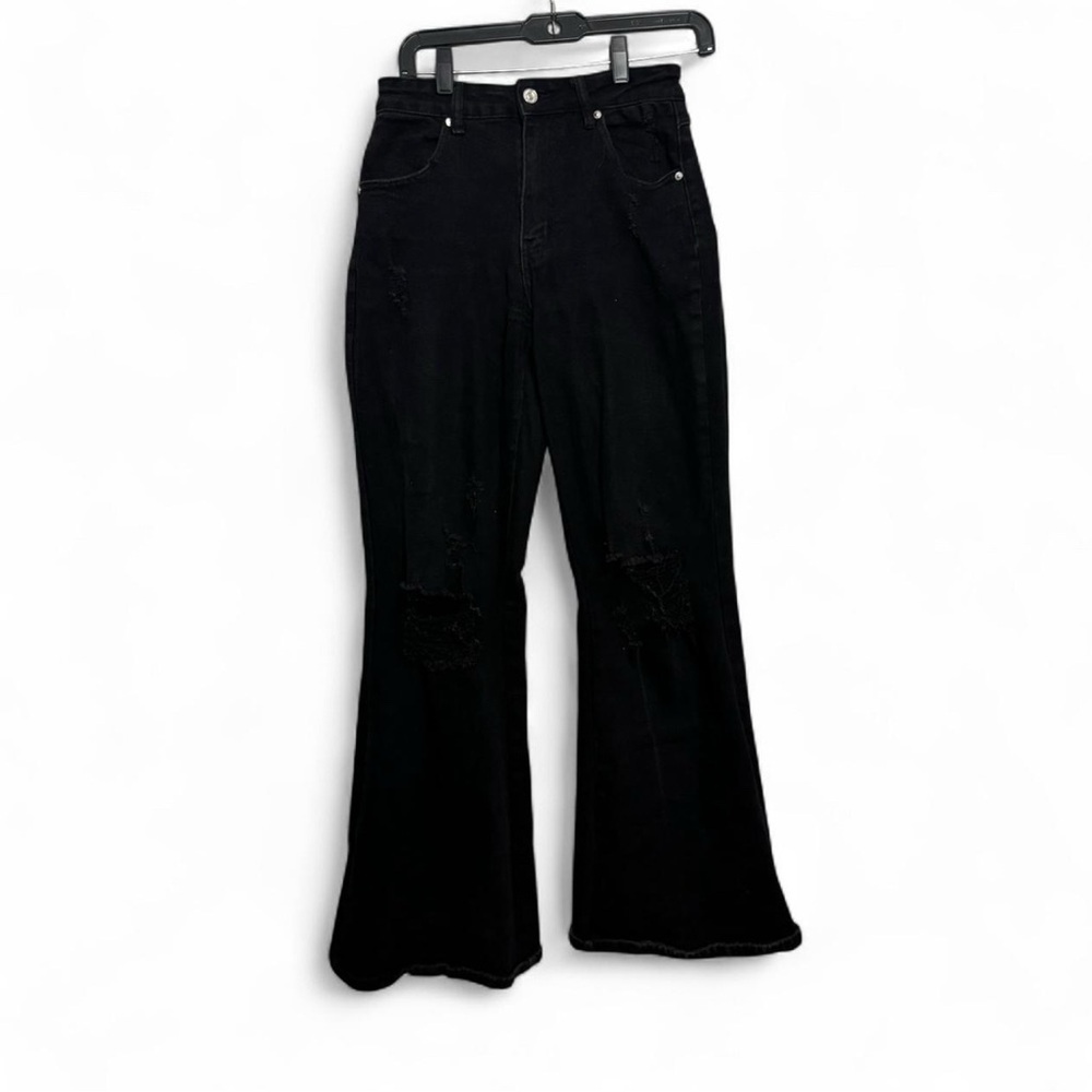 Almost Famous Black Distressed High Rise Flare Jeans Size 1 Y2K 90s Grunge Boho
